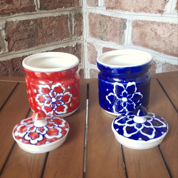 Blue & Red Floral Ceramic Lidded Pots - Picture 2 of 2